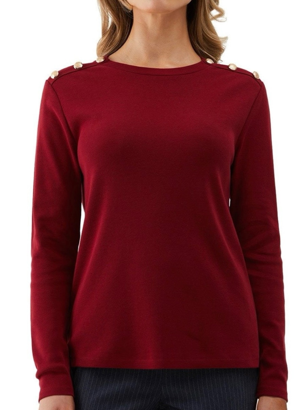 Rafaella Rhubarb Red Long Sleeve Crewneck Blouse with Gold Buttons Womens L NWT
